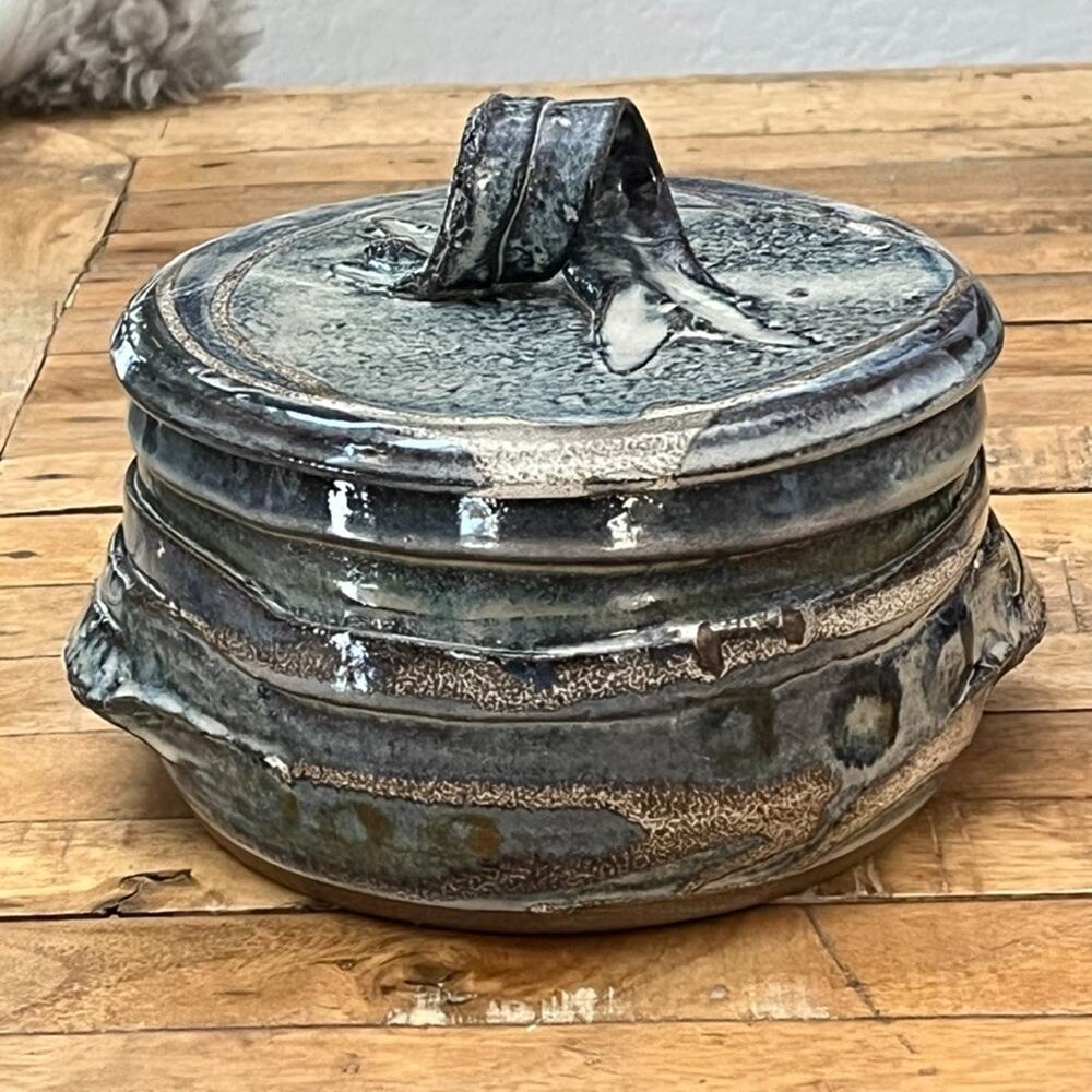 Studio Pottery Stoneware Casserole Lidded Dish 7" Blue & White Glazed